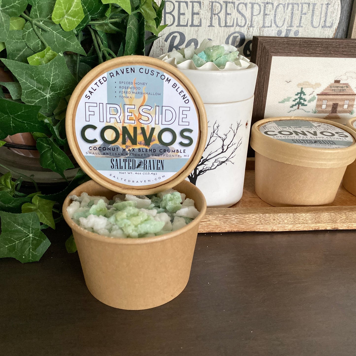 Salted Raven wax melt crumble on display with a wax warmer and a plant